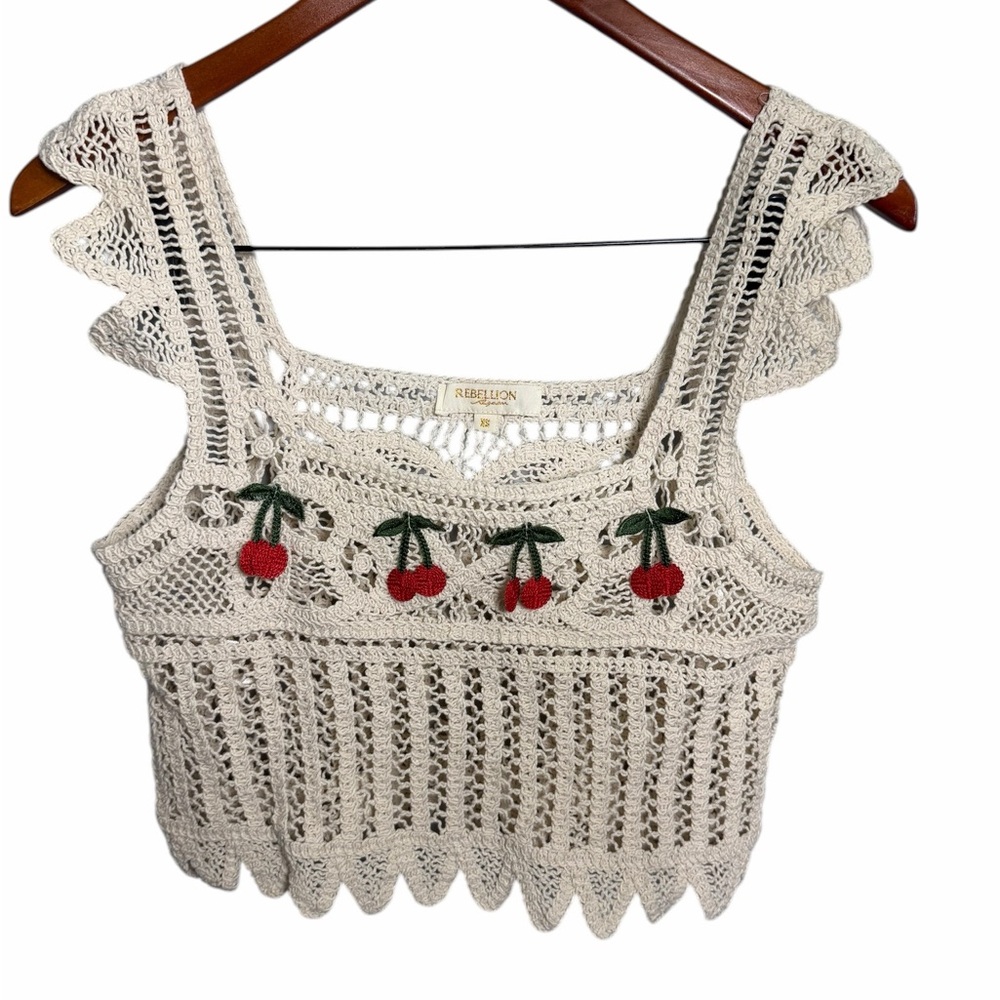 Rebellion Cream Crochet Tank with Red Cherry Embroidery